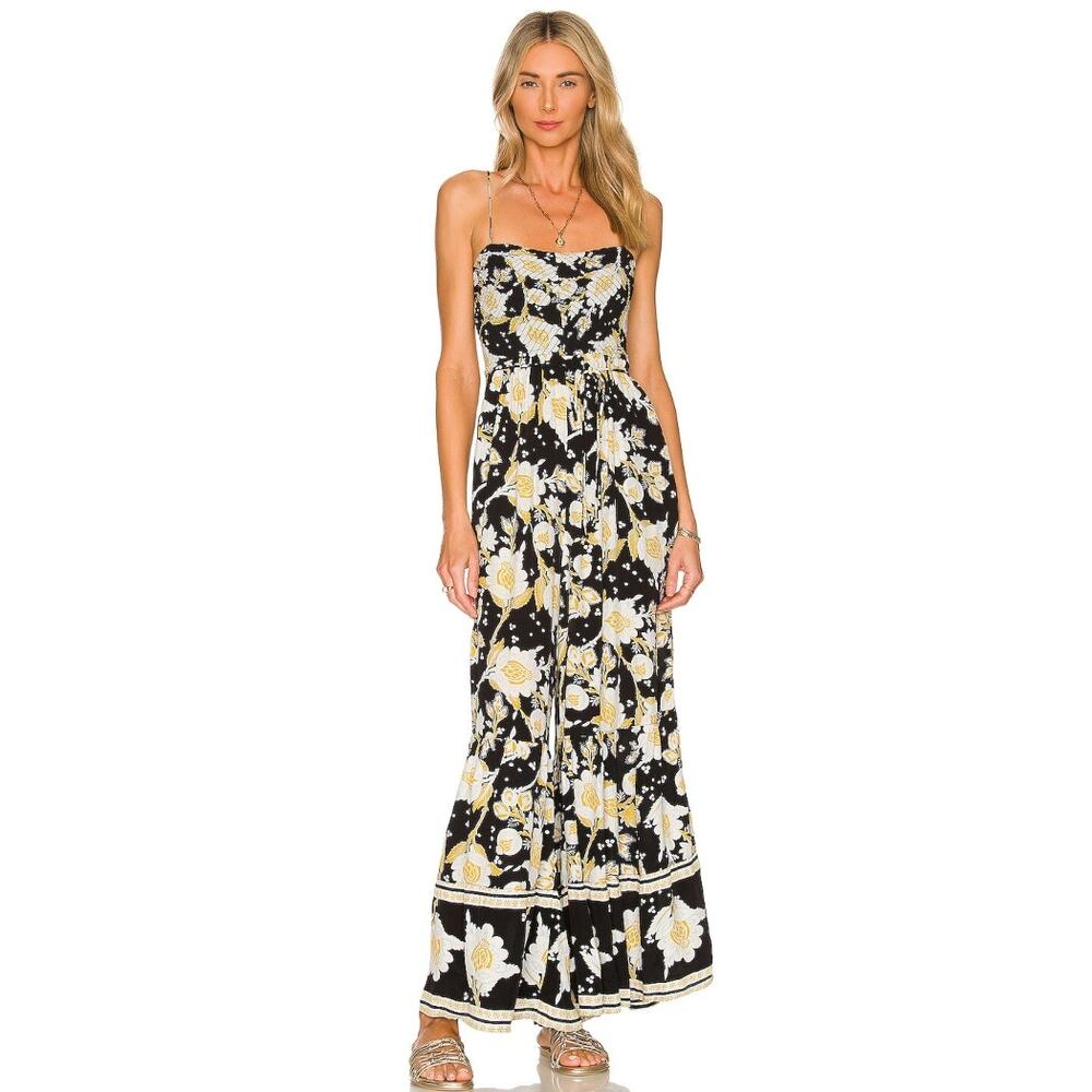 Free People Little of Your Love Jumpsuit Womens XL Yellow Floral Smocked Boho